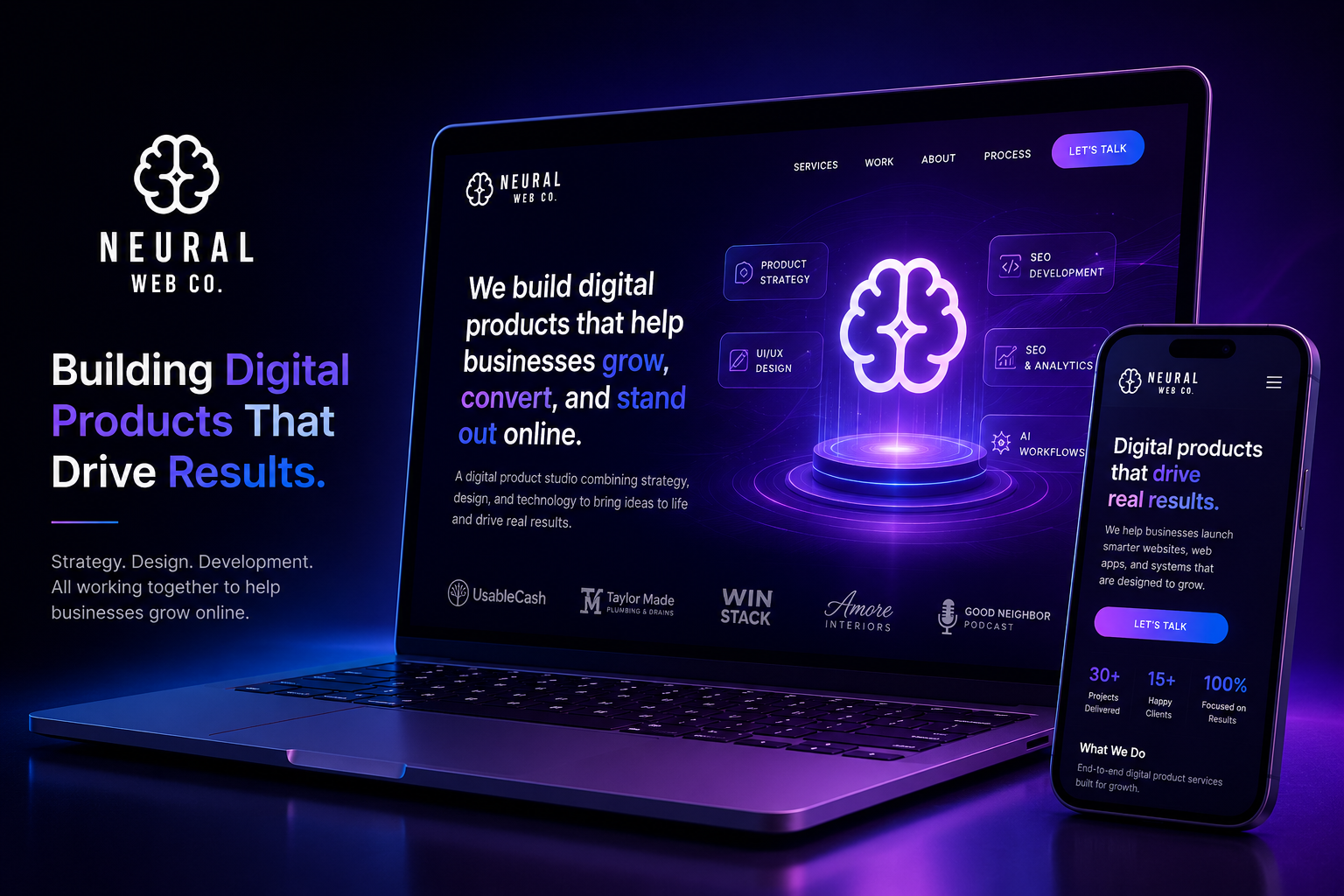 Neural Web Co. — digital product studio website shown on laptop and iPhone